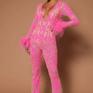 Pink A Dancing Queen Sequin Feather Jumpsuit